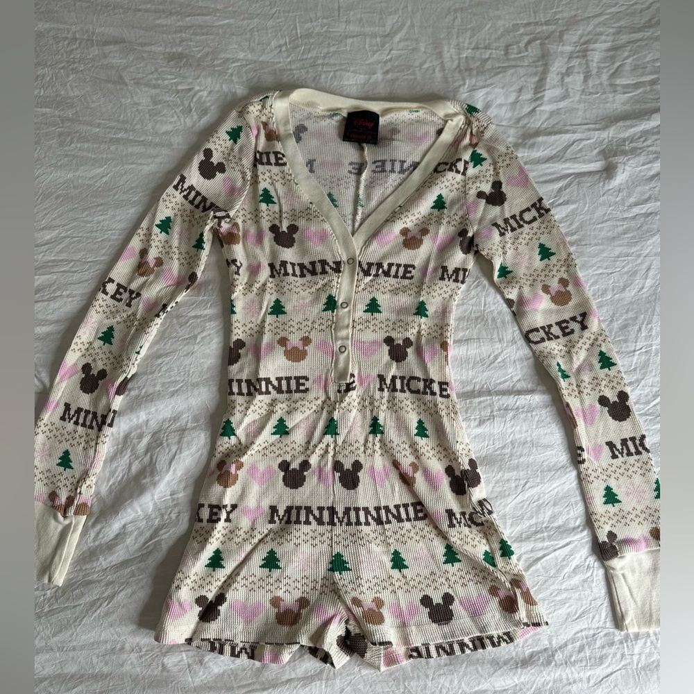 Disney Cream Minnie & Mickey Patterned Long Sleeve Romper